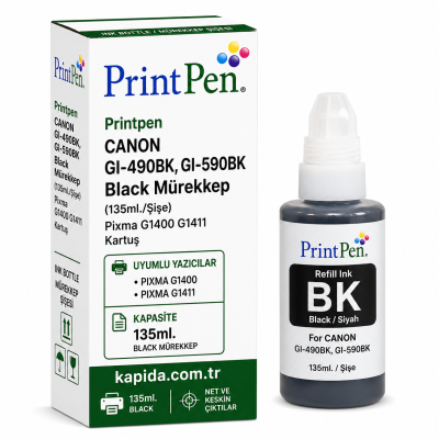 Printpen CANON GI-490BK,GI-590BK Black Mürekkep 135ml./Sise Pixma G1400 G1411 Kartuş