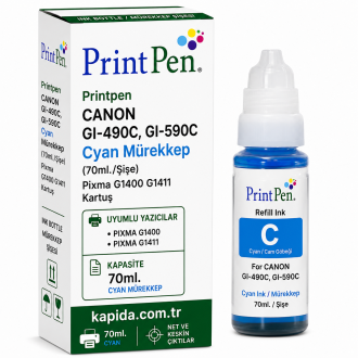 Printpen CANON GI-490C,GI-590C Cyan Mürekkep 70ml./Sise Pixma G1400 G1411 Kartuş