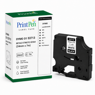 Printpen DYMO D1 53713 BEYAZ Etikete SIYAH (24mm x 7m) LabelMANAGER 300 400