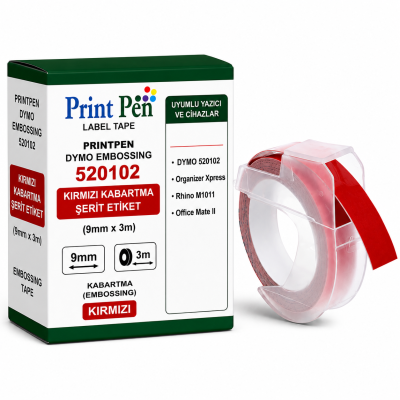 Printpen DYMO EMBOSSING 520102 KIRMIZI KABARTMA SERIT ETIKET (S0898150) (9mm x 3m) Organizer Xpress Rhino M1011