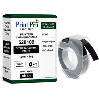 Printpen DYMO EMBOSSING 520109 SIYAH KABARTMA ETIKET (S0898130) (9mm x 3m) Organizer Xpress Rhino M1011