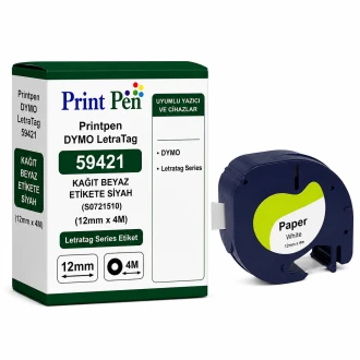 Printpen DYMO LetraTag 59421 KAĞIT BEYAZ ETİKETE SİYAH (S0721510) (12mm x 4M) Letratag Series Etiket