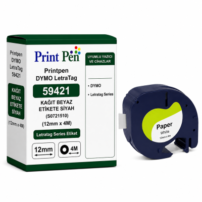 Printpen DYMO LetraTag 59421 KAĞIT BEYAZ ETİKETE SİYAH (S0721510) (12mm x 4M) Letratag Series Etiket