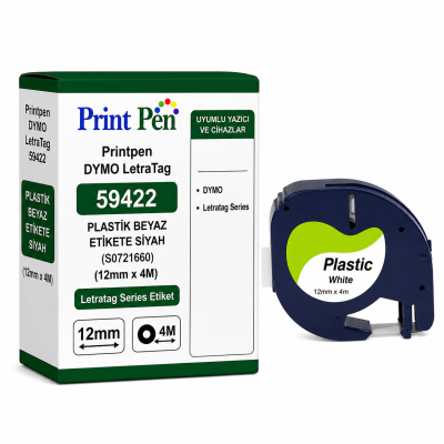 Printpen DYMO LetraTag 59422 PLASTİK BEYAZ ETİKETE SİYAH (S0721660) (12mm x 4M) Letratag Series Etiket