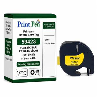 Printpen DYMO LetraTag 59423 PLASTİK SARI ETİKETE SİYAH (S0721620) (12mm x 4M) Letratag Series Etiket