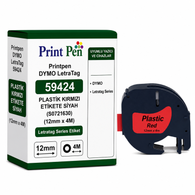 Printpen DYMO LetraTag 59424 PLASTİK KIRMIZI ETİKETE SİYAH (S0721630) (12mm x 4M) Letratag Series Etiket