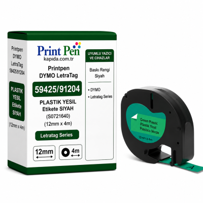 Printpen DYMO LetraTag 59425/91204 PLASTIK YESIL Etikete SIYAH (S0721640) (12mm x 4m) Letratag Series