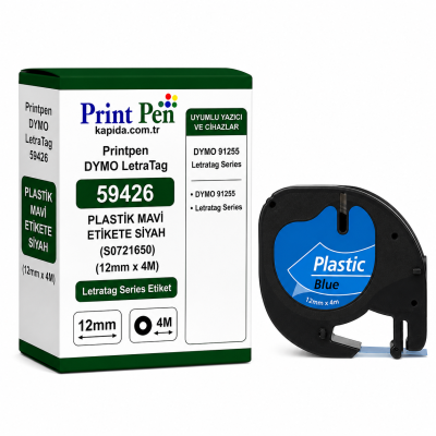 Printpen DYMO LetraTag 59426 PLASTİK MAVİ ETİKETE SİYAH (S0721650) (12mm x 4M) Letratag Series Etiket