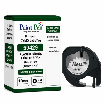 Printpen DYMO LetraTag 59429 PLASTİK GÜMÜŞ ETİKETE SİYAH (S0721730) (12mm x 4M) Letratag Series Etiket