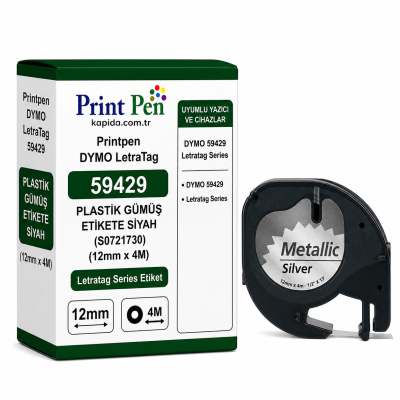 Printpen DYMO LetraTag 59429 PLASTİK GÜMÜŞ ETİKETE SİYAH (S0721730) (12mm x 4M) Letratag Series Etiket