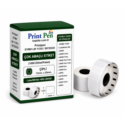 Printpen DYMO LW 11353 / S0722530 ÇOK AMAÇLI ETİKET (1000 Etiket/Paket) ÇİPLİ 13mm. 25mm. LabelWriter 400 LW450