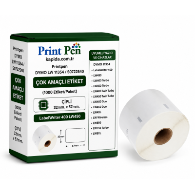 Printpen DYMO LW 11354 / S0722540 ÇOK AMAÇLI ETİKET (1000 Etiket/Paket) ÇİPLİ 32mm. 57mm. LabelWriter 400 LW450