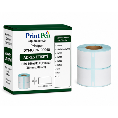 Printpen DYMO LW 99010 Adres Etiketi (130 Etiket/Rulo;2 Rulo) (28mm x 89mm) LabelWriter LW310 LW320