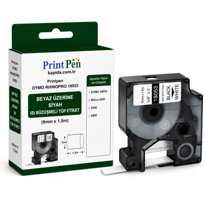 Printpen DYMO RHINOPRO 18053 BEYAZ ÜZERINE SIYAH ISI BÜZÜSMELI TÜP ETIKET (9mm x 1,5m) Rhino 4200 5200