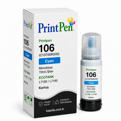 Printpen EPSON 106 (C13T00R240) Cyan Mürekkep 70ml./Sise ECOTANK L7160 L7180 Kartuş