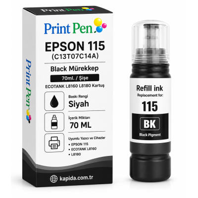 Printpen EPSON 115 (C13T07C14A) Black Mürekkep 70ml./Sise ECOTANK L8160 L8180 Kartuş