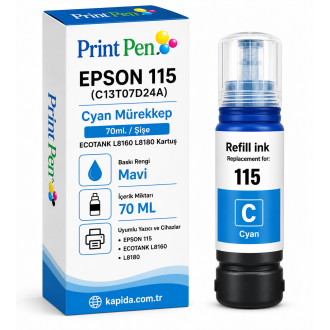 Printpen EPSON 115 (C13T07D24A) Cyan Mürekkep 70ml./Sise ECOTANK L8160 L8180 Kartuş Printpen EPSON 115 (C13T07D24A) Cyan Mürekkep 70ml./Sise ECOTANK L8160 L8180 Kartuş