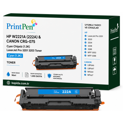 Printpen HP W2221A (222A) & CANON CRG-075 Cyan Chipsiz (1.3K) LaserJet Pro 3201 3203 Toner