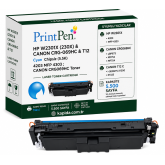 Printpen HP W2301X (230X) & Canon CRG-069HC & T12 Mavi Chipsiz (5.5K) 4203 MFP 4303 ; Canon CRG069HC Toner